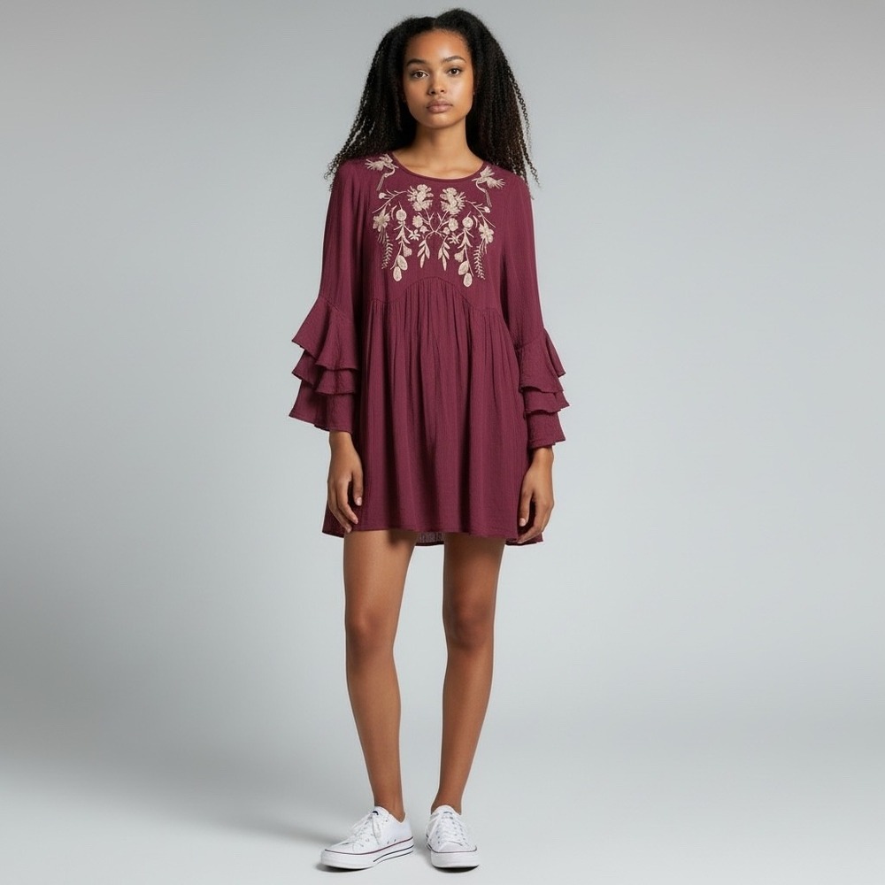 Umgee Burgundy Embroidered Floral Bird Boho Mini Dress Ruffle Bell Sleeve Small